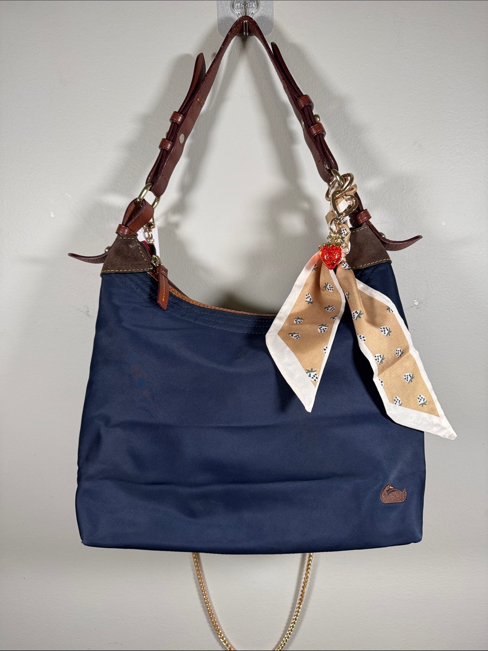 Dooney & Bourke Navy Nylon Leather Hobo Shoulder Bag Cognac Trim